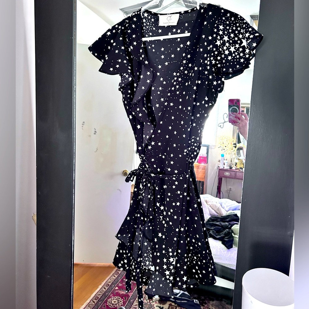 Black Printed Butterfly Sleeve Wrap Dress